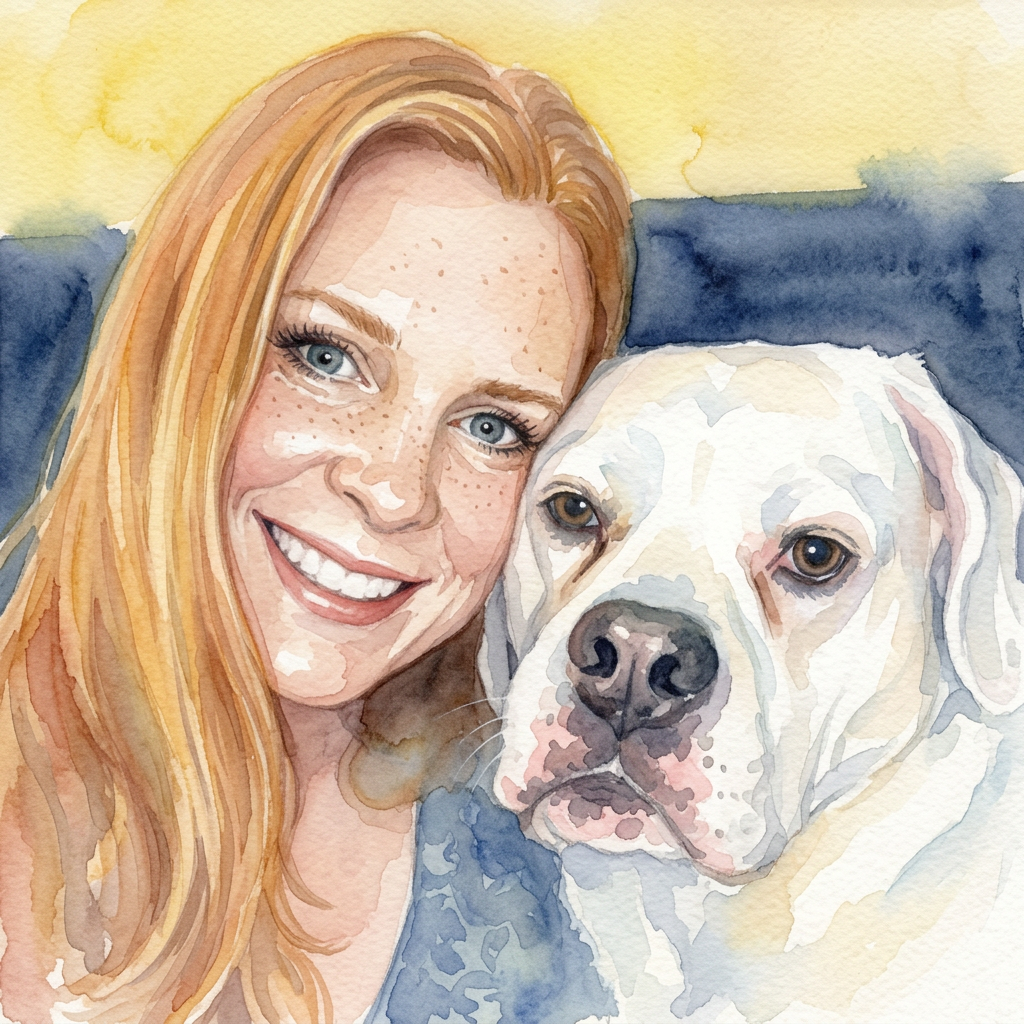 Author Harper Apple smiling and cuddling her white dog