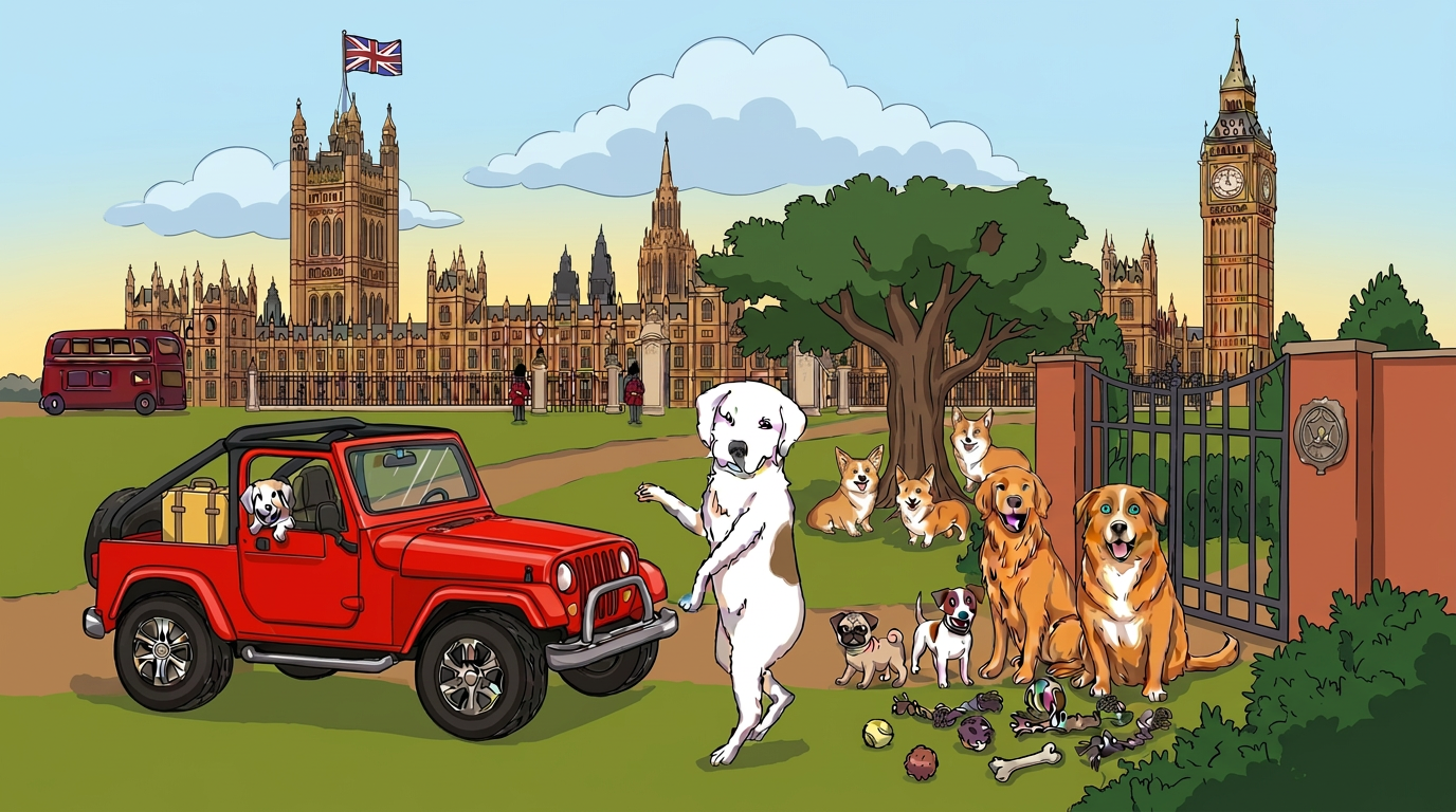 Casper and friends in a red jeep in London, with the blue-eyed golden dog sitting beside toys at the gate